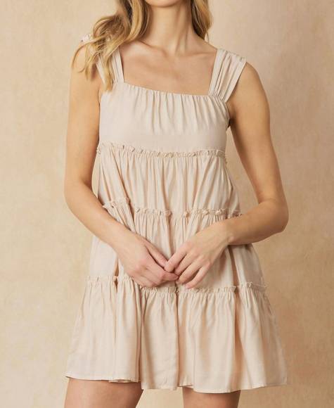 NEW ENTRO square neck tiered mini dress in ecru - Picture 1 of 3